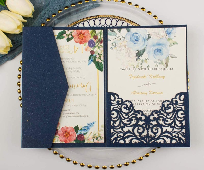 Lucky Star 25 sets 5X7 250GSM Pearl Navy Blue Tri Fold Wedding Invitations Cards With Envelopes Inserts for Wedding Bridal Shower Birthday - Image 4